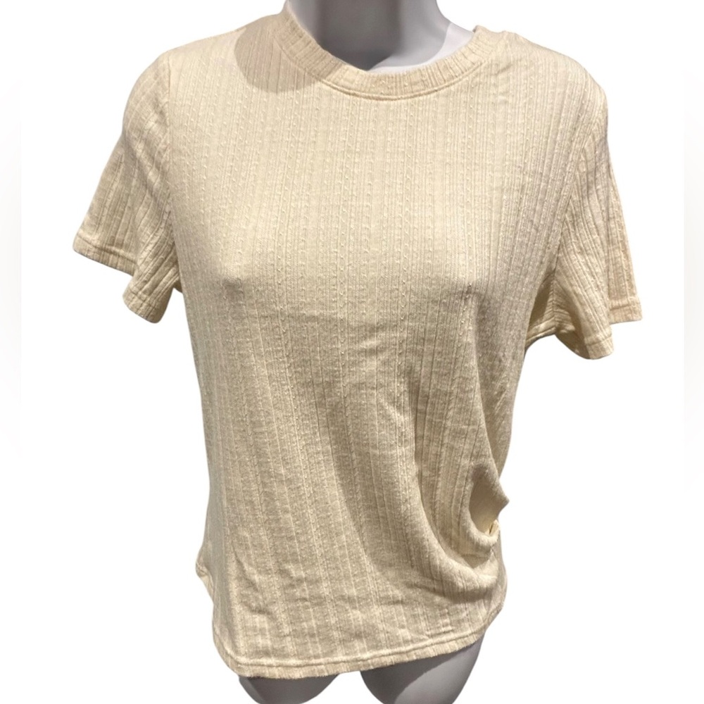 OGL Cream Short Sleeve Crewneck Pointelle Top Ribbed Sweater Size Medium New